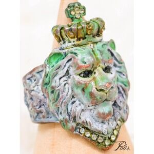 Crown Lion Ring Patina Finish Adjustable King Royal Statement Gift Men Women